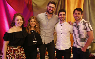 The 'Unleavened' organizers, from left to right: Iris Mansour, Rebecca Soffer, Brian Bourdainick, Adam Kantor and Benj Pasek. (Daniel Pincus/via JTA)