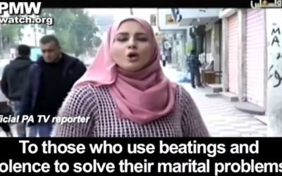 An image from a Palestinian TV show that aired on April 1, 2017 that urged men who 'had to' beat their wives, to do sp in accordance with the Quran. (screen capture: YouTube)