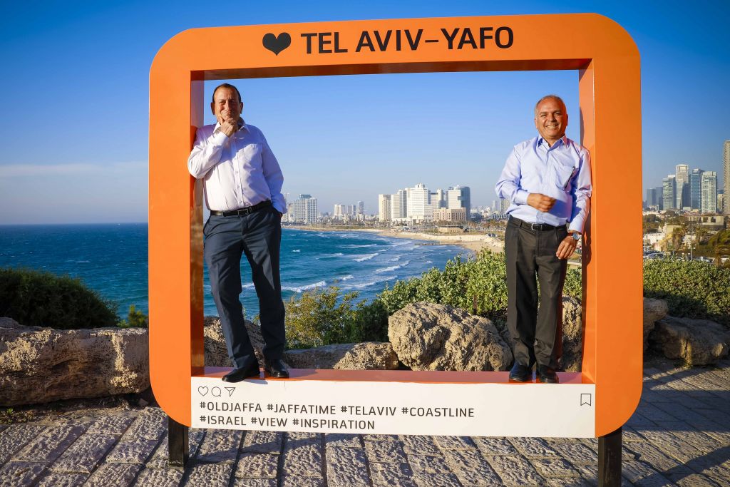 Tel Aviv mayor Ron Huldai and Jaffa historic site director Yaron Klein in the oversized picture frame recently erected on the Jaffa coastline (Courtesy Guy Yehieli) Tel Aviv mayor Ron Huldai and Jaffa historic site director Yaron Klein in the oversized picture frame recently erected on the Jaffa coastline (Courtesy Guy Yehieli)