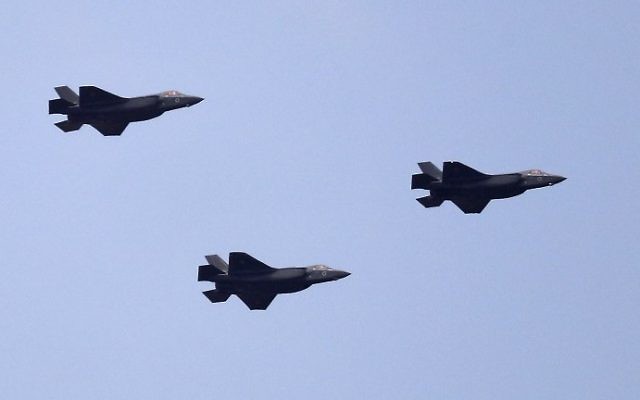 Illustrative: Israeli F-35 fighter jets fly over Jerusalem during celebrations marking Israel's 69th Independence Day on May 2, 2017. (AFP Photo/Thomas Coex) Illustrative: Israeli F-35 fighter jets fly over Jerusalem during celebrations marking Israel's 69th Independence Day on May 2, 2017. (AFP Photo/Thomas Coex)