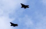 Israeli F-35 fighter jets perform during an air show over the beach in the Israeli coastal city of Tel Aviv on May 2, 2017. (AFP/Jack Guez)