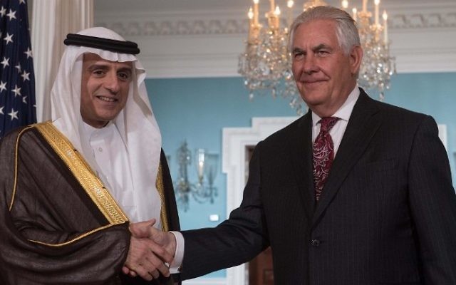 US Secretary of State Rex Tillerson (R) and Saudi Foreign Minister Adel al-Jubeir shake hands prior to talks at the State Department on May 2, 2017. (AFP Photo/Nicholas Kamm) US Secretary of State Rex Tillerson (R) and Saudi Foreign Minister Adel al-Jubeir shake hands prior to talks at the State Department on May 2, 2017. (AFP Photo/Nicholas Kamm)
