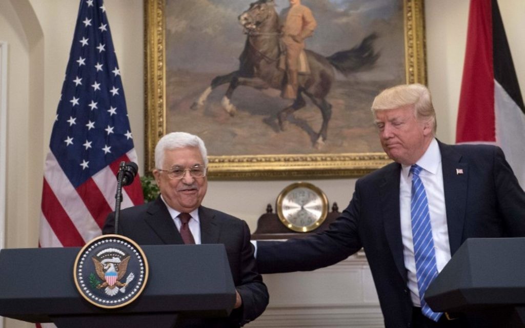 US President Donald Trump and Palestinian Authority President Mahmoud Abbas speak in the Roosevelt Room during a joint statement at the White House in Washington, DC, on May 3, 2017. AFP PHOTO / NICHOLAS KAMM) US President Donald Trump and Palestinian Authority President Mahmoud Abbas speak in the Roosevelt Room during a joint statement at the White House in Washington, DC, on May 3, 2017. AFP PHOTO / NICHOLAS KAMM)