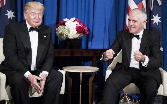 US President Donald Trump (L) as Australian Prime Minister Malcolm Turnbull talks about the Battle of the Coral Sea before a meeting on board the Intrepid Sea, Air and Space Museum May 4, 2017, in New York, New York. (AFP PHOTO / Brendan Smialowski) US President Donald Trump (L) as Australian Prime Minister Malcolm Turnbull talks about the Battle of the Coral Sea before a meeting on board the Intrepid Sea, Air and Space Museum May 4, 2017, in New York, New York. (AFP PHOTO / Brendan Smialowski)