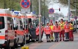Ambulances are pictured on May 7, 2017, in Hanover, during the evacuation operation.  (AFP PHOTO / dpa / Peter Steffen)