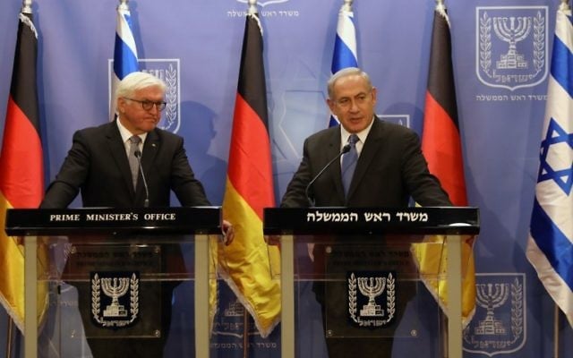 Prime Minister Benjamin Netanyahu, right, together with visiting German President Frank-Walter Steinmeier at a joint press conference in Jerusalem May 7, 2017. (AFP/POOL/RONEN ZVULUN) Prime Minister Benjamin Netanyahu, right, together with visiting German President Frank-Walter Steinmeier at a joint press conference in Jerusalem May 7, 2017. (AFP/POOL/RONEN ZVULUN)