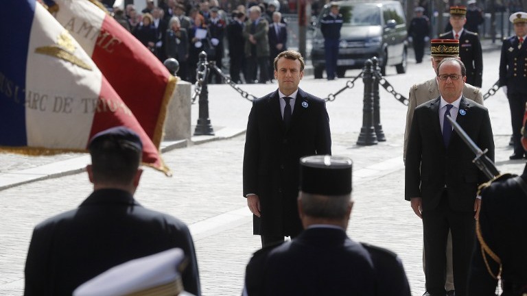 Outgoing French President Francois Hollande (R) and President-elect Emmanuel Macron attend a ceremony marking the 72nd anniversary of the victory over Nazi Germany during World War II on May 8, 2017 in Paris. (AFP Photo/Pool/Philippe Wojazer) Outgoing French President Francois Hollande (R) and President-elect Emmanuel Macron attend a ceremony marking the 72nd anniversary of the victory over Nazi Germany during World War II on May 8, 2017 in Paris. (AFP Photo/Pool/Philippe Wojazer)