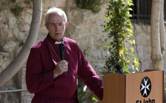 Archbishop of Canterbury Justin Welby holds a press conference at the Saint John Eye Hospital compound in the Christian quarter of Jerusalem's Old City on May 10, 2017. (AFP/Gali Tibbon) Archbishop of Canterbury Justin Welby holds a press conference at the Saint John Eye Hospital compound in the Christian quarter of Jerusalem's Old City on May 10, 2017. (AFP/Gali Tibbon)