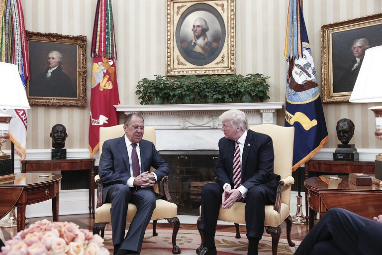 A handout photo made available by the Russian Foreign Ministry on May 10, 2017 shows US President Donald J. Trump (R) speaking with Russian Foreign Minister Sergei Lavrov during a meeting at the White House in Washington, DC. (AFP/Russian Foreign Ministry) A handout photo made available by the Russian Foreign Ministry on May 10, 2017 shows US President Donald J. Trump (R) speaking with Russian Foreign Minister Sergei Lavrov during a meeting at the White House in Washington, DC. (AFP/Russian Foreign Ministry)