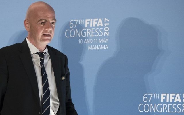 FIFA President Gianni Infantino arrives for a press conference at the 67th FIFA Congress in the Bahraini capital Manama on May 11, 2017. (AFP Photo/Jack Guez) FIFA President Gianni Infantino arrives for a press conference at the 67th FIFA Congress in the Bahraini capital Manama on May 11, 2017. (AFP Photo/Jack Guez)