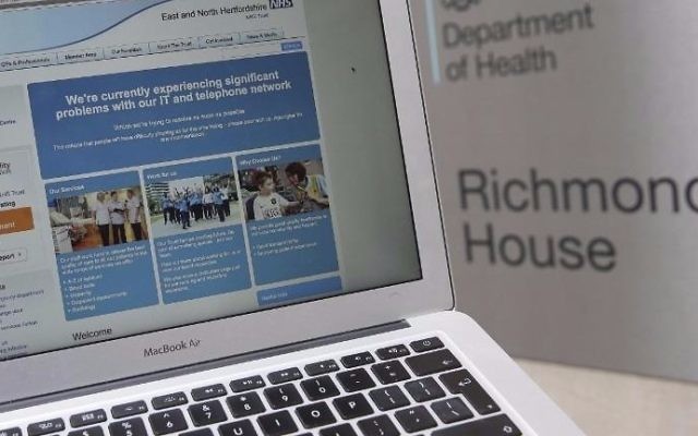 Illustrative: This photograph, posed as an illustration on May 12, 2017, shows the website of the NHS: East and North Hertfordshire notifying users of a problem in its network, taken outside the Department of Health in London. (Daniel Leal-Olivas/AFP) Illustrative: This photograph, posed as an illustration on May 12, 2017, shows the website of the NHS: East and North Hertfordshire notifying users of a problem in its network, taken outside the Department of Health in London. (Daniel Leal-Olivas/AFP)