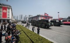 This picture taken on April 15, 2017 shows an unidentified rocket, reported to be a Hwasong-type missile similar to the one used in a May 14, 2017 test launch, at a military parade in Pyongyang. (AFP PHOTO / Ed JONES)