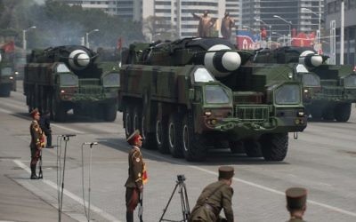 This picture taken on April 15, 2017 shows an unidentified rocket, reported to be a Hwasong-type missile similar to the one used in a May 14, 2017 test launch, at a military parade in Pyongyang. (AFP Photo/Ed Jones)