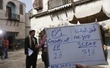 Syrian artist Rashid Assaf, left, is seen on the filming set of television series 'Tawq al-Banat' in the village of Yaafur, some 20kilometers (12 miles) west of Damascus, May 14,2017. (AFP/Louai Beshara)
