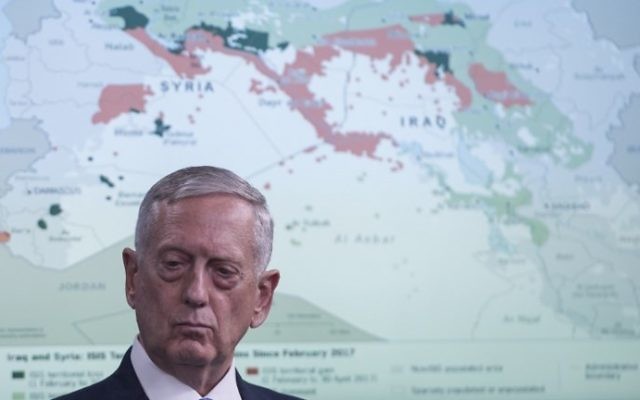 US Secretary of Defense Jim Mattis stands in front of a map of the Middle East during a press briefing at the Pentagon on May 19, 2017. (AFP Photo/Saul Loeb) US Secretary of Defense Jim Mattis stands in front of a map of the Middle East during a press briefing at the Pentagon on May 19, 2017. (AFP Photo/Saul Loeb)