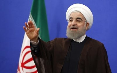 Newly re-elected Iranian President Hassan Rouhani gestures during a televised speech in the capital Tehran on May 20, 2017. (AFP PHOTO / ATTA KENARE)