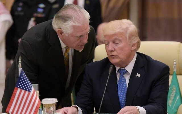 US President Donald Trump, right, listens to US Secretary of State Rex Tillerson during a meeting with leaders of the Gulf Cooperation Council at the King Abdulaziz Conference Center in Riyadh, May 21, 2017. (AFP/Mandel Ngan) US President Donald Trump, right, listens to US Secretary of State Rex Tillerson during a meeting with leaders of the Gulf Cooperation Council at the King Abdulaziz Conference Center in Riyadh, May 21, 2017. (AFP/Mandel Ngan)