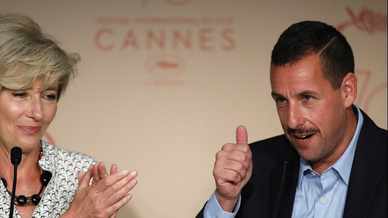 Adam Sandler (R) gestures next to Emma Thompson during a press conference for the film 'The Meyerowitz Stories (New and Selected)' at the 70th edition of the Cannes Film Festival in Cannes, southern France, on May 21, 2017 (Laurent EMMANUEL / AFP) Adam Sandler (R) gestures next to Emma Thompson during a press conference for the film 'The Meyerowitz Stories (New and Selected)' at the 70th edition of the Cannes Film Festival in Cannes, southern France, on May 21, 2017 (Laurent EMMANUEL / AFP)