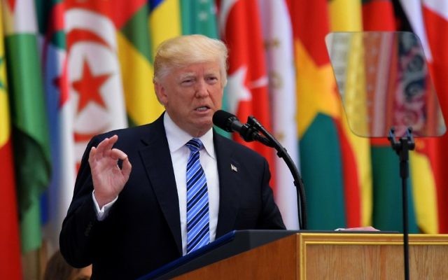 US President Donald Trump speaks during the Arabic Islamic American Summit at the King Abdulaziz Conference Center in Riyadh, Saudi Arabi, May 21, 2017. (AFP/MANDEL NGAN) US President Donald Trump speaks during the Arabic Islamic American Summit at the King Abdulaziz Conference Center in Riyadh, Saudi Arabi, May 21, 2017. (AFP/MANDEL NGAN)
