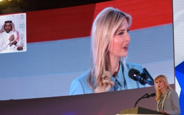 Ivanka Trump, the daughter of US President Donald Trump, speaks at in the Tweeps 2017 social media forum at a hotel in Riyadh on May 21, 2017. AFP/ MANDEL NGAN)
