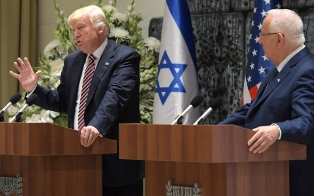 US President Donald Trump (L) and President Reuven Rivlin speak during a press conference at the President's Residence in Jerusalem on May 22, 2017. (AFP Photo/Mandel Ngan) US President Donald Trump (L) and President Reuven Rivlin speak during a press conference at the President's Residence in Jerusalem on May 22, 2017. (AFP Photo/Mandel Ngan)