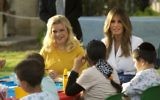 US First Lady Melania Trump (R) and Sara Netanyahu talk with children during a visit to the Hadassah hospital in Jerusalem on May 22, 2017. (AFP PHOTO / POOL / Sebastian Scheiner)