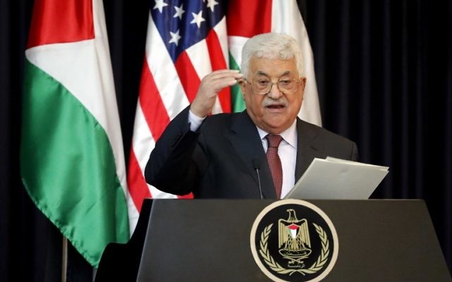 President of the Palestinian Authority Mahmoud Abbas gestures during a joint press conference with US President Donald Trump (not seen) at the presidential palace in the West Bank city of Bethlehem, May 23, 2017. (AFP/THOMAS COEX)
