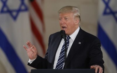 US President Donald Trump delivers a speech during a visit to the Israel Museum in Jerusalem on May 23, 2017. (AFP PHOTO / Menahem KAHANA) US President Donald Trump delivers a speech during a visit to the Israel Museum in Jerusalem on May 23, 2017. (AFP PHOTO / Menahem KAHANA)