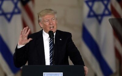 US President Donald Trump delivers a speech at the Israel Museum in Jerusalem on May 23, 2017. (AFP Photo/Menahem Kahana) US President Donald Trump delivers a speech at the Israel Museum in Jerusalem on May 23, 2017. (AFP Photo/Menahem Kahana)