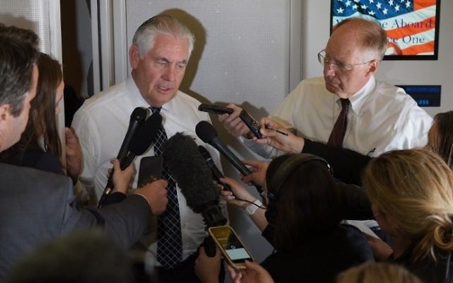 US Secretary of State Rex Tillerson speaks to reporters aboard Air force One shortly before arriving in Brussels on May 24, 2017. (AFP Photo/Mandel Ngan) US Secretary of State Rex Tillerson speaks to reporters aboard Air force One shortly before arriving in Brussels on May 24, 2017. (AFP Photo/Mandel Ngan)