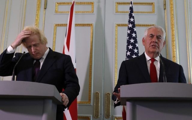 Britain's Foreign Secretary Boris Johnson (L) and US Secretary of State Rex Tillerson attend a joint press conference following their meeting at Carlton Gardens in London, on May 26, 2017. (Adrian Dennis/ AFP) Britain's Foreign Secretary Boris Johnson (L) and US Secretary of State Rex Tillerson attend a joint press conference following their meeting at Carlton Gardens in London, on May 26, 2017. (Adrian Dennis/ AFP)