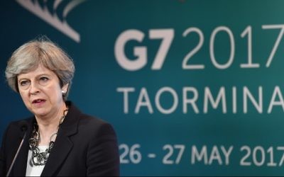 Britain's Prime Minister Theresa May gives a press conference during the G7 on May 26, 2017, in Taormina, Sicily. (AFP Photo/Justin Tallis)