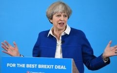 Britain's Prime Minister Theresa May delivers a general election campaign speech in Wolverhampton, central England, on May 30, 2017, as campaigning continues in the build up to the general election on June 8. (AFP/Leon Neal)