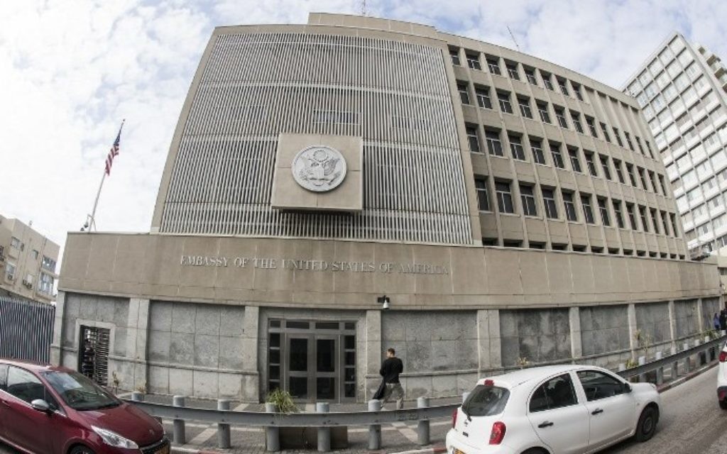 The US Embassy building in Tel Aviv,  December 28, 2016. (AFP Photo/Jack Guez)