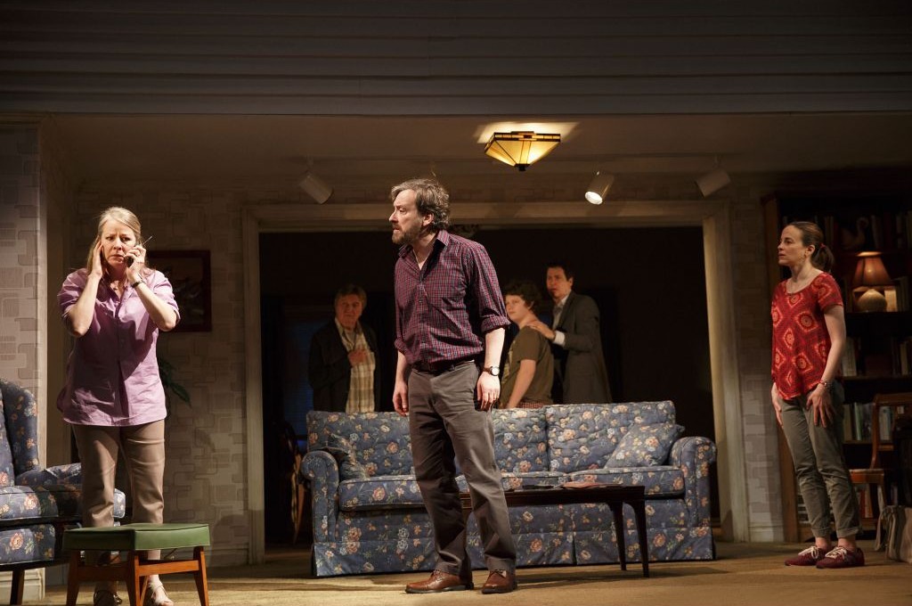 Tasha Lawrence, Larry Bryggman, Jeremy Shamos, Seth Steinberg, Gary Wilmes and Maria Dizzia in 'If I Forget.' (Photo by Joan Marcus, 2017) Tasha Lawrence, Larry Bryggman, Jeremy Shamos, Seth Steinberg, Gary Wilmes and Maria Dizzia in 'If I Forget.' (Photo by Joan Marcus, 2017)