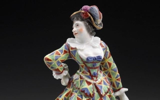 A harlequin figure made by the porcelain manufacturers Höchst, Fürstenburg, and Fulda. (Courtesy Museum of Fine Arts, Boston via JTA) A harlequin figure made by the porcelain manufacturers Höchst, Fürstenburg, and Fulda. (Courtesy Museum of Fine Arts, Boston via JTA)
