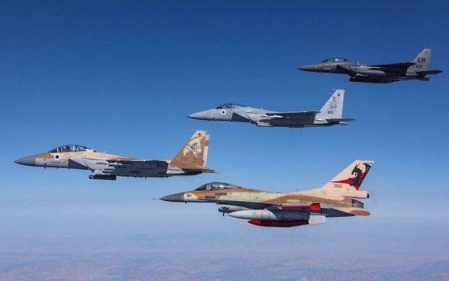 Israeli and American F-15 and F-16 fighter jets fly alongside one another over southern Israel in May 2017. (IDF Spokesperson's Unit) Israeli and American F-15 and F-16 fighter jets fly alongside one another over southern Israel in May 2017. (IDF Spokesperson's Unit)
