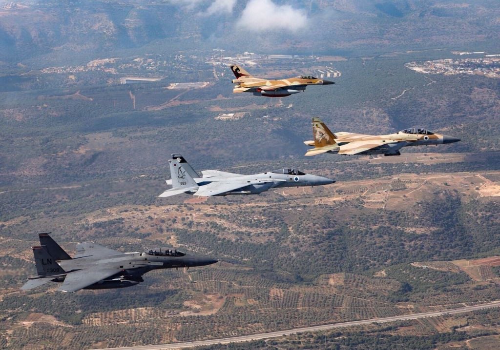 Israeli and American F-15 and F-16 fighter jets fly alongside one another over southern Israel in May 2017. (IDF Spokesperson's Unit) Israeli and American F-15 and F-16 fighter jets fly alongside one another over southern Israel in May 2017. (IDF Spokesperson's Unit)