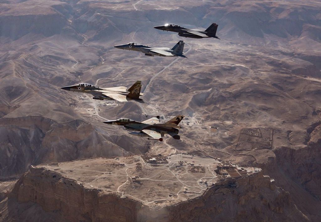 Israeli and American F-15 and F-16 fighter jets fly alongside one another over Masada, in southern Israel in May 2017. (IDF Spokesperson's Unit) Israeli and American F-15 and F-16 fighter jets fly alongside one another over Masada, in southern Israel in May 2017. (IDF Spokesperson's Unit)