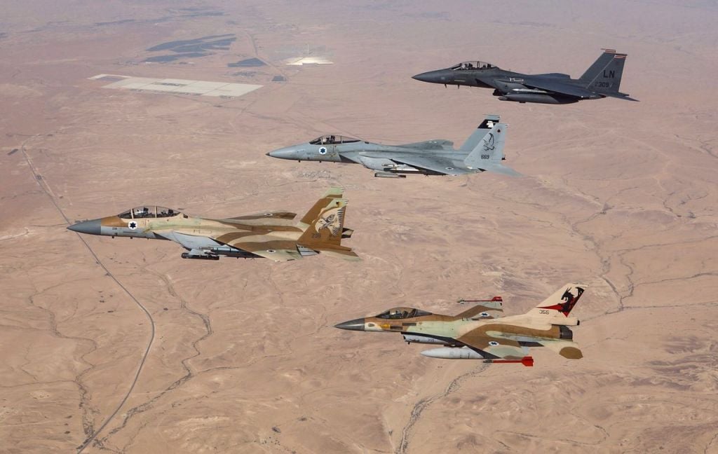 Israeli and American F-15 and F-16 fighter jets fly alongside one another over southern Israel in May 2017. (IDF Spokesperson's Unit) Israeli and American F-15 and F-16 fighter jets fly alongside one another over southern Israel in May 2017. (IDF Spokesperson's Unit)