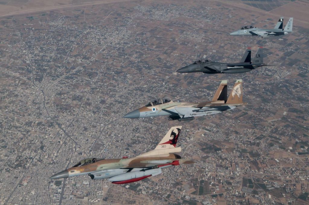 Israeli and American F-15 and F-16 fighter jets fly alongside one another over southern Israel in May 2017. (IDF Spokesperson's Unit) Israeli and American F-15 and F-16 fighter jets fly alongside one another over southern Israel in May 2017. (IDF Spokesperson's Unit)