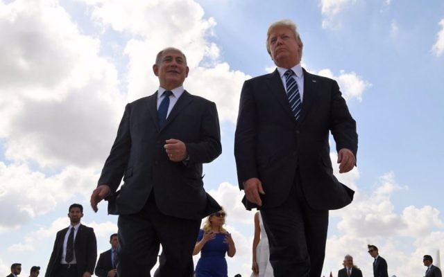 US President Donald Trump (right) and Prime Minister Benjamin Netanyahu at Ben Gurion Airport on May 23, 2017, at the end of Trump's visit to Israel (Coby Gideon / GPO) US President Donald Trump (right) and Prime Minister Benjamin Netanyahu at Ben Gurion Airport on May 23, 2017, at the end of Trump's visit to Israel (Coby Gideon / GPO)