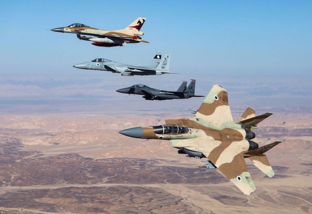 Israeli and American F-15 and F-16 fighter jets fly alongside one another over southern Israel in May 2017. (IDF Spokesperson's Unit) Israeli and American F-15 and F-16 fighter jets fly alongside one another over southern Israel in May 2017. (IDF Spokesperson's Unit)