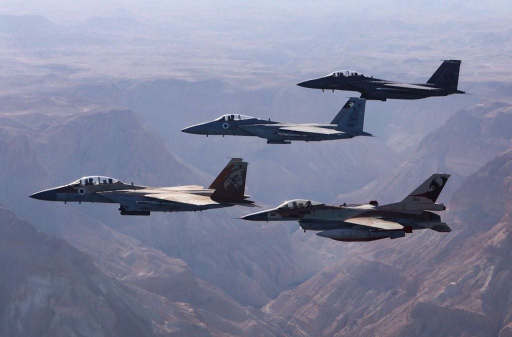 Israeli and American F-15 and F-16 fighter jets fly alongside one another over southern Israel in May 2017. (IDF Spokesperson's Unit) Israeli and American F-15 and F-16 fighter jets fly alongside one another over southern Israel in May 2017. (IDF Spokesperson's Unit)