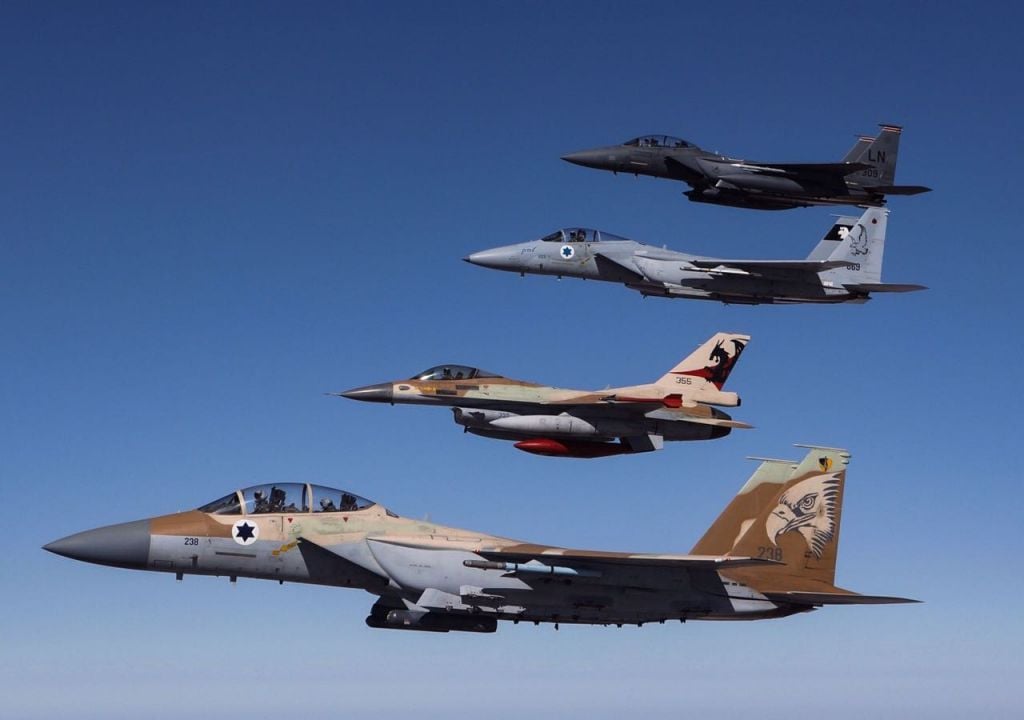 Israeli and American F-15 and F-16 fighter jets fly alongside one another over southern Israel in May 2017. (IDF Spokesperson's Unit) Israeli and American F-15 and F-16 fighter jets fly alongside one another over southern Israel in May 2017. (IDF Spokesperson's Unit)