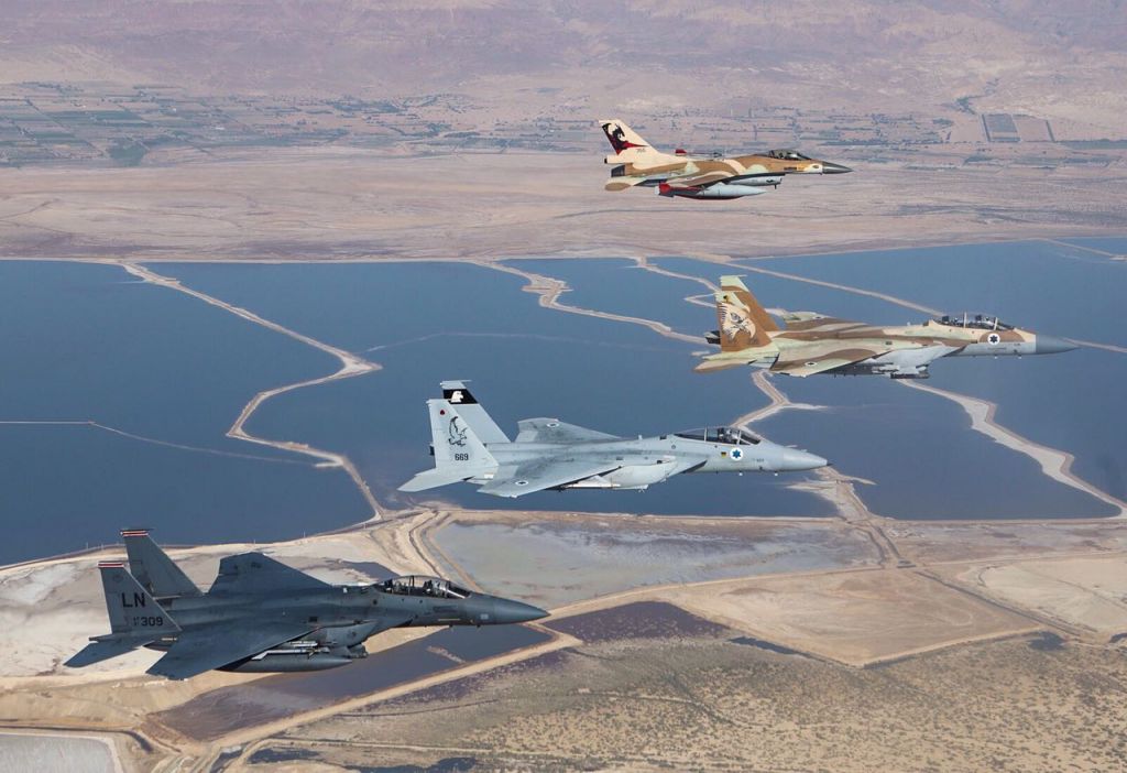 Israeli and American F-15 and F-16 fighter jets fly alongside one another over southern Israel in May 2017. (IDF Spokesperson's Unit) Israeli and American F-15 and F-16 fighter jets fly alongside one another over southern Israel in May 2017. (IDF Spokesperson's Unit)