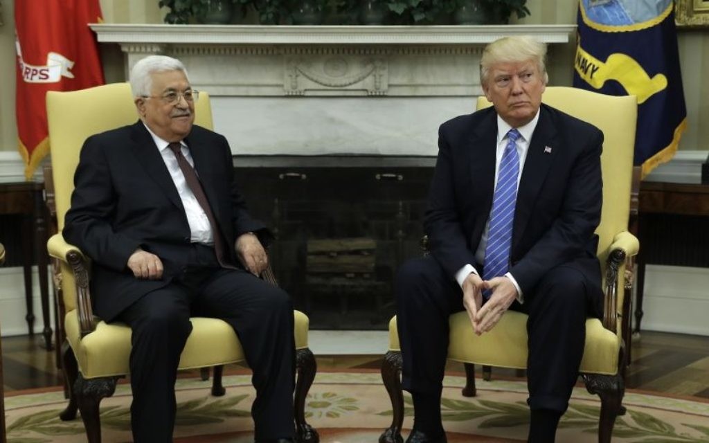 US President Donald Trump meets with Palestinian Authority President Mahmoud Abbas at the White House on May 3, 2017 (AP Photo/Evan Vucci)