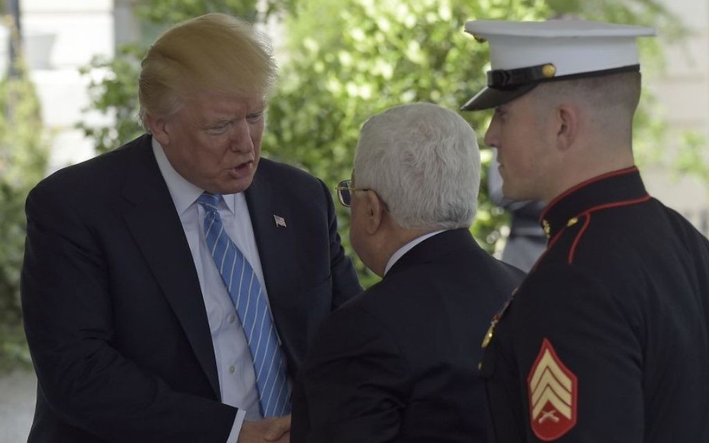 President Donald Trump welcomes Palestinian leader Mahmoud Abbas to the White House in Washington, Wednesday, May 3, 2017. (AP Photo/Susan Walsh)