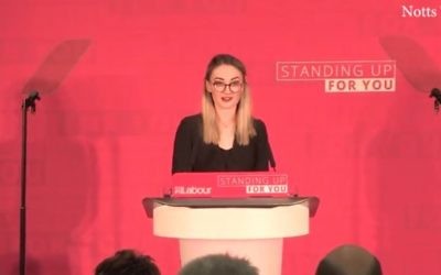Screen capture from video showing General secretary of Nottingham Labour Students Committee Bethany Barker introducing UK Labour party leader Jeremy Corbyn at a campaign rally in Nottingham, April 2017. (YouTube/2Four7)