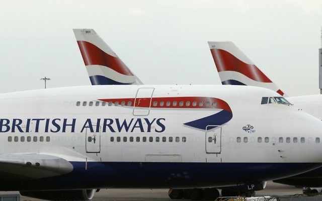 Illustrative. British Airways planes parked at Heathrow Airport, London, January 10, 2017. (AP/Frank Augstein/File) Illustrative. British Airways planes parked at Heathrow Airport, London, January 10, 2017. (AP/Frank Augstein/File)